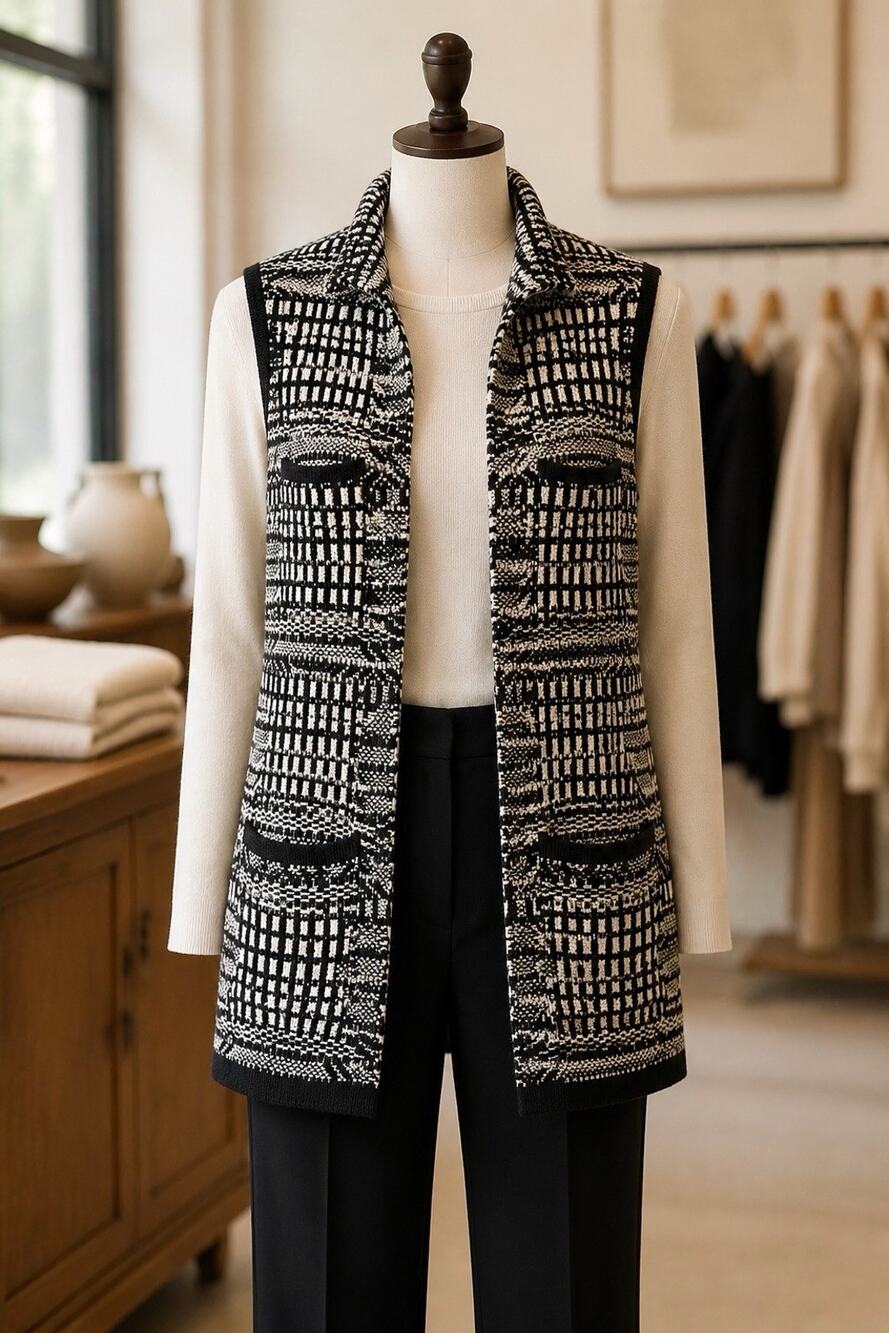 Antropologie Angel of the North Sweater Vest Black/White Geometric Open Front S